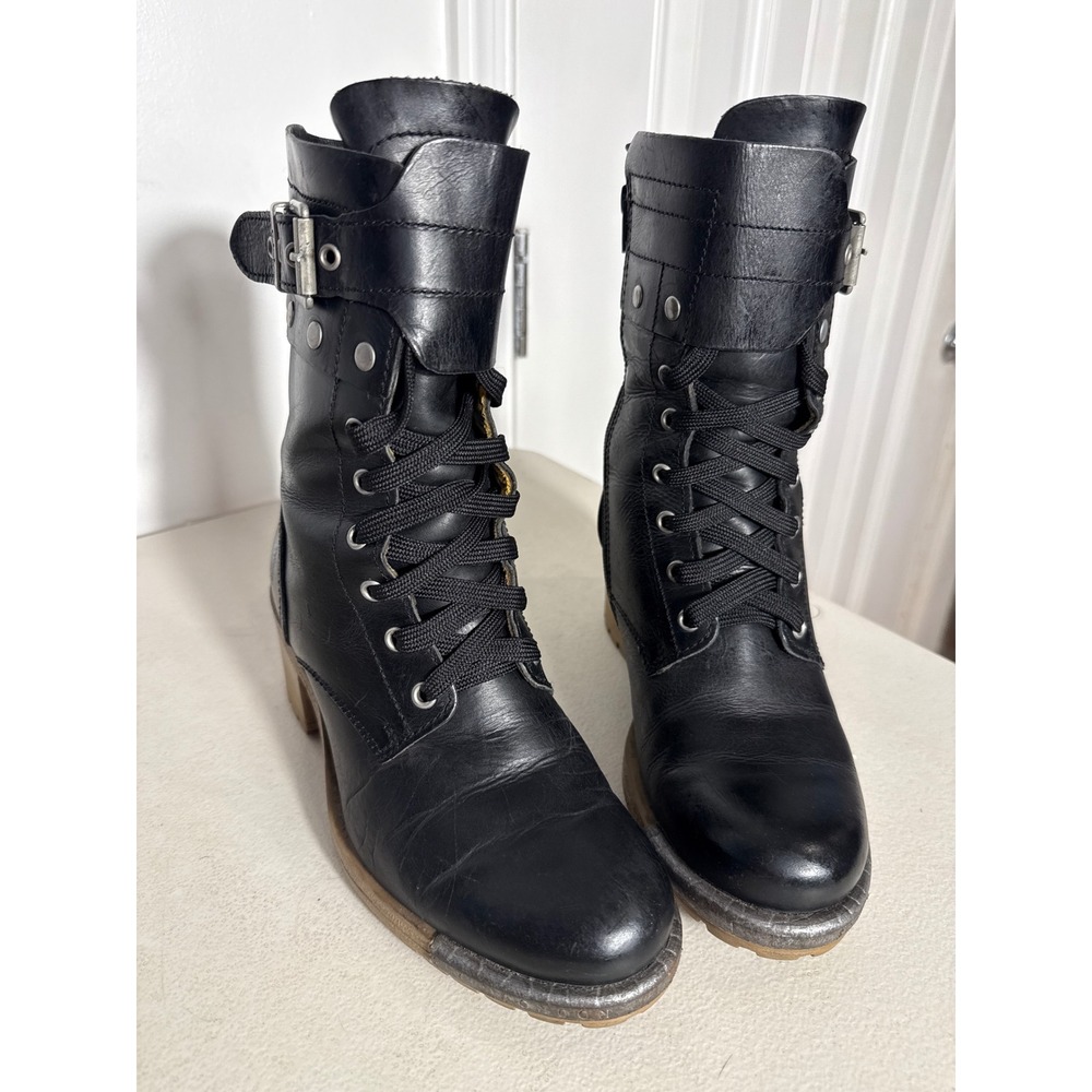 Fly London Black Leather Lace Up Buckle Combat Boot Side Zip Block Heel Lug Sole